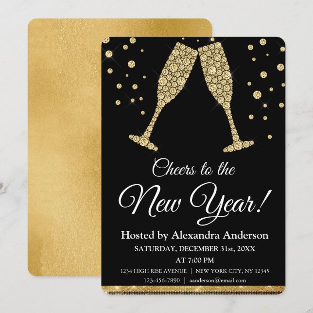 Invitación Gafas de champagne Fiesta de Año Nuevo 2024 (Anverso / Reverso)