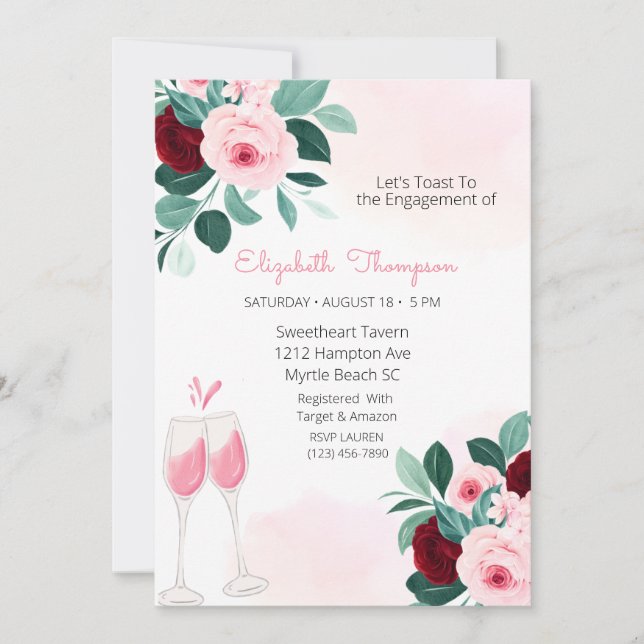 Invitación Gafas de champagne Toast Floral Bridal Shower (Anverso)