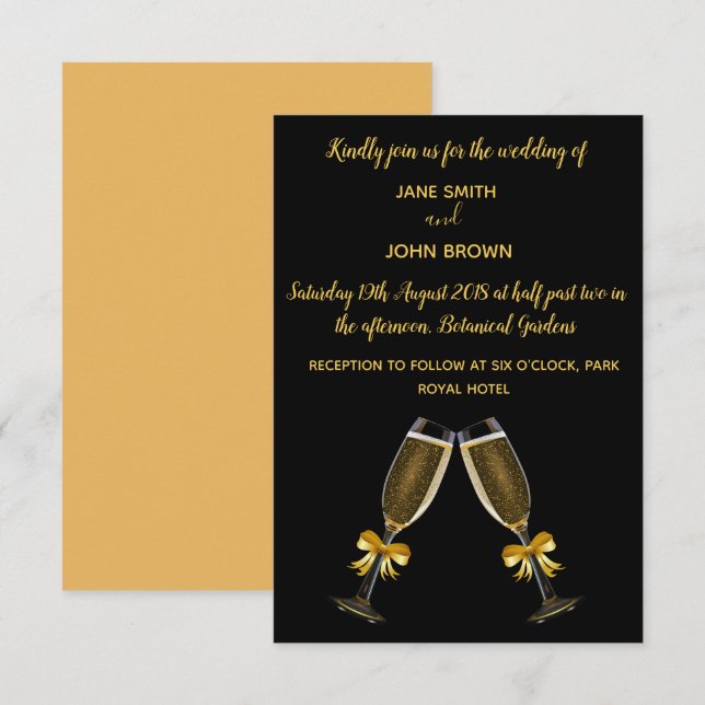 Invitación Gafas de champán boda negras y doradas (Anverso / Reverso)