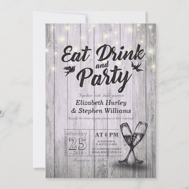 Invitación Gafas de champán Madera BEBIDA y Boda Fiesta (Anverso)