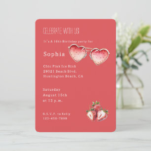 Invitación Gafas de cumpleaños de corazón de color fresa roja