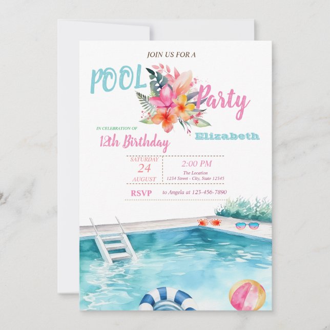 Invitación Gafas de flotación para piscina Flores Fiesta de c (Anverso)