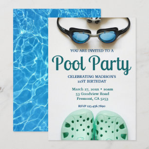 Invitación Gafas de natación azules fiesta de cumpleaños en l