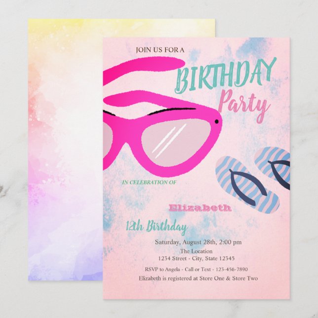 Invitación Gafas de sol Chanclas Fiesta de Cumpleaños de Vera (Anverso / Reverso)