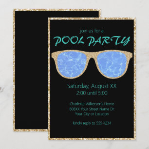 Invitación Gafas de sol con brillo negro y dorado para fiesta