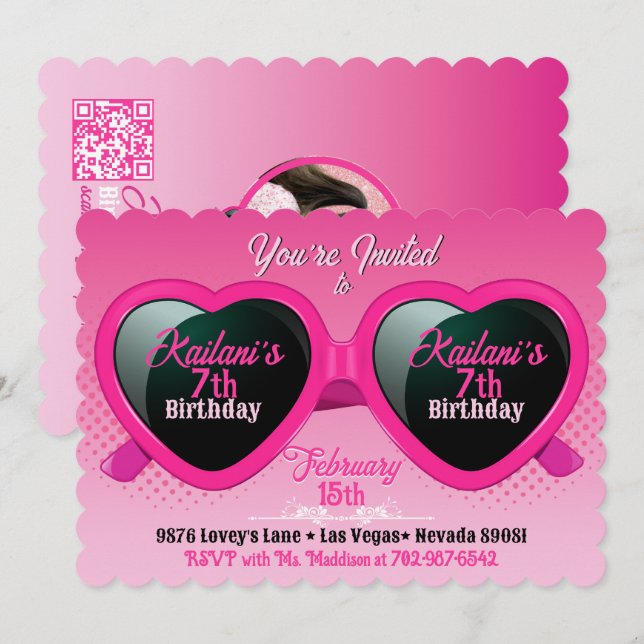 Invitación Gafas de sol de corazón rosa caliente Cumpleaños F (Anverso / Reverso)