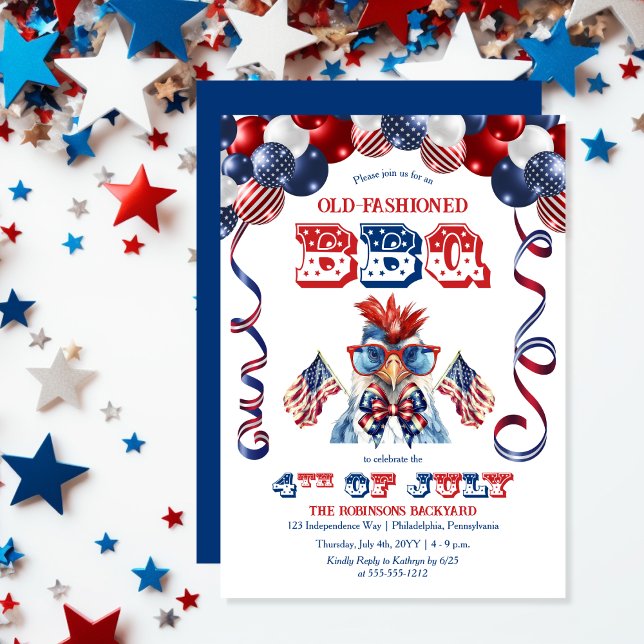 Invitación Gafas de sol de pollo patriótico 4 de julio Fiesta (Balloon Arch and Cute Cool Chicken Sporting Sunglasses 4th of July BBQ Invitation)