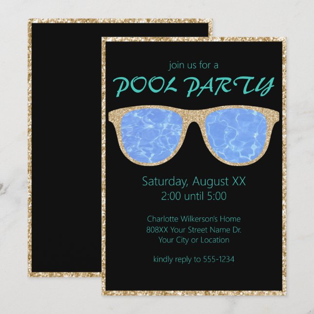 Invitación Gafas de sol de Purpurina negro y dorado Fiesta de (Anverso / Reverso)