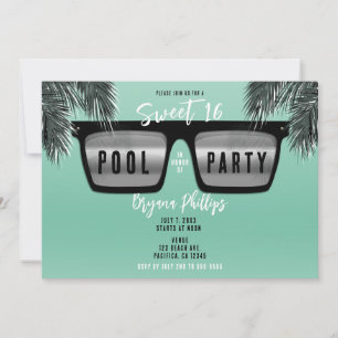 Invitación Gafas de sol negras y plateadas Teal Sweet 16 Pool