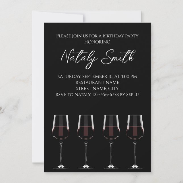 Invitación Gafas de vino con vino tinto negro elegante (Anverso)