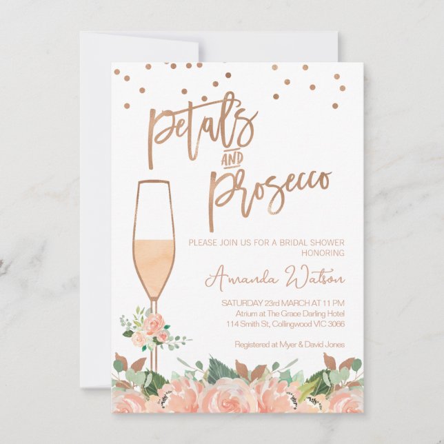 Invitación Gafas florales de oro Rosa Prosecco Ducha Bridal (Anverso)