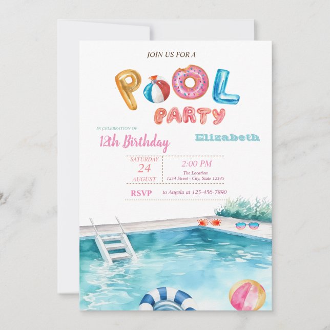 Invitación Gafas flotantes para piscina Cumpleaños en la pisc (Anverso)