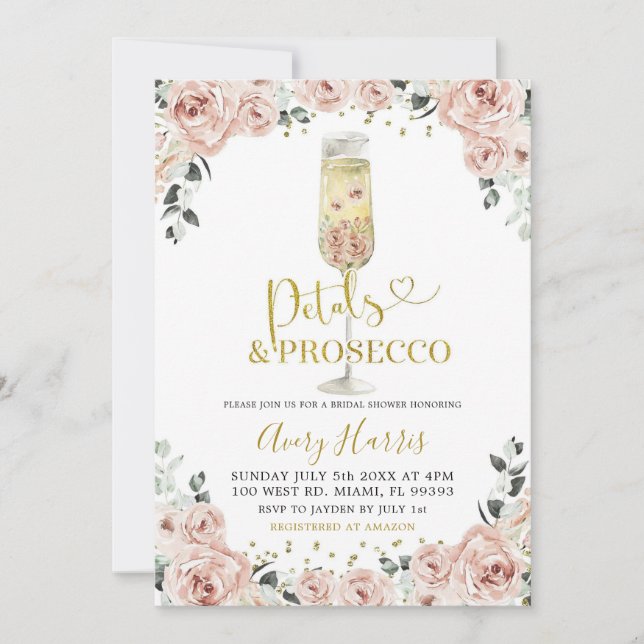 Invitación Gafas rosadas de oro y ducha de novia Prosecco (Anverso)