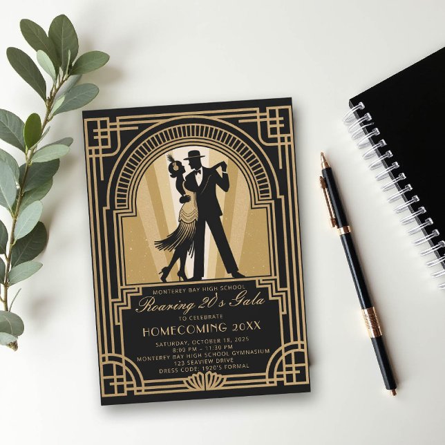 Invitación Gala de escuela de turismo casero Art Déco de los  (homecoming prom school event invitation roaring 20s gatsby flapper dancing black gold)