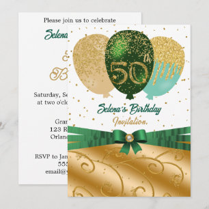 Invitación Gala de Globo de Seda Verde y Dorado Cumpleaños 50