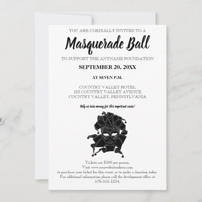 Invitación Gala de recaudación de fondos de baile de máscaras (Anverso)