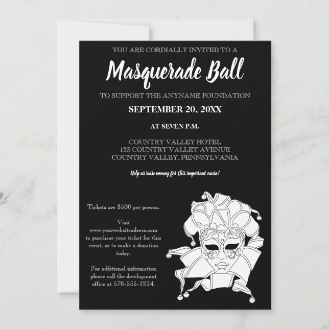 Invitación Gala de recaudación de fondos de baile de máscaras (Anverso)
