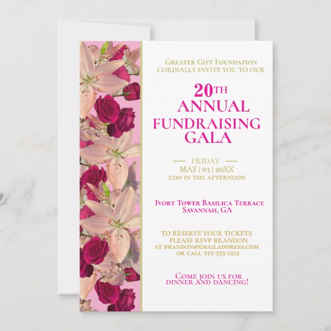 Invitación Gala de recaudación de fondos rosa, oro y floral p (Anverso)
