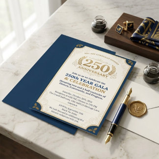 Invitación Gala del 250 Aniversario: Elegante Marina y Dorado