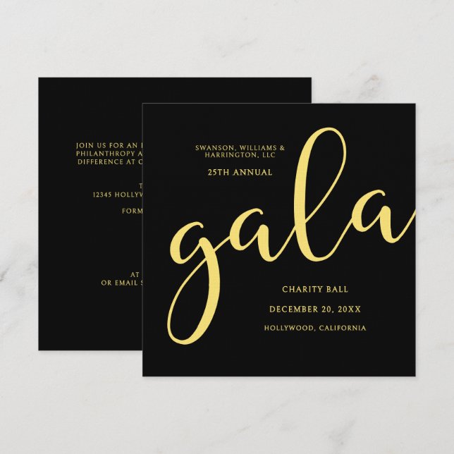 Invitación Gala Event Charity Fundraiser Elegant Black Gold (Anverso / Reverso)