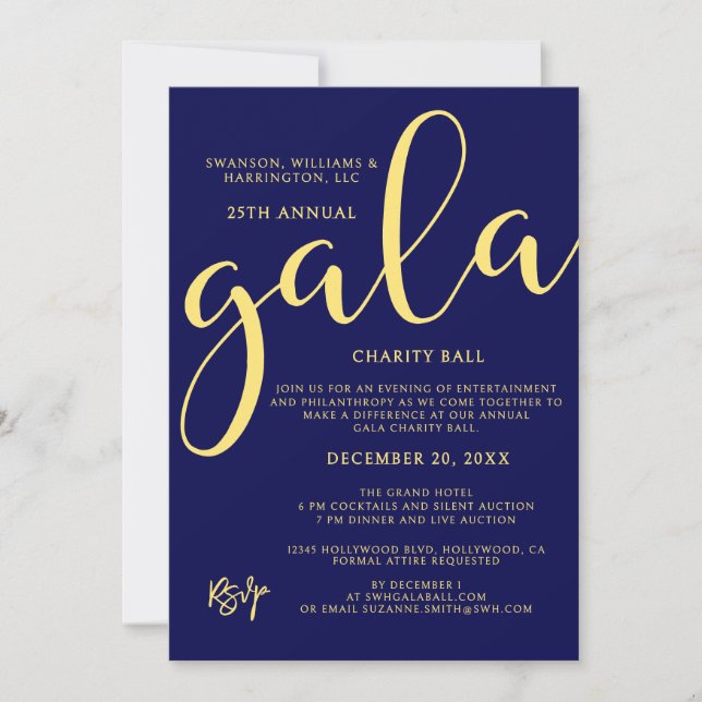 Invitación Gala Event Charity Fundraiser Elegant Blue Gold (Anverso)