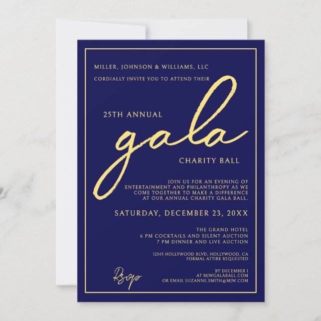 Invitación Gala Event Charity Fundraiser Elegant Blue Gold (Anverso)