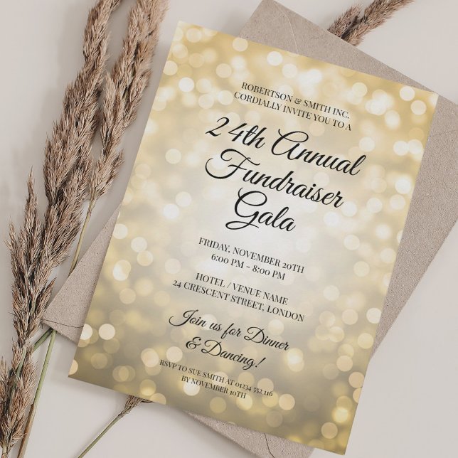 Invitación Gala Gold Lights (Luces de oro) formal para recaud (Formal Corporate Fundraiser Gala Gold Lights Invitation)