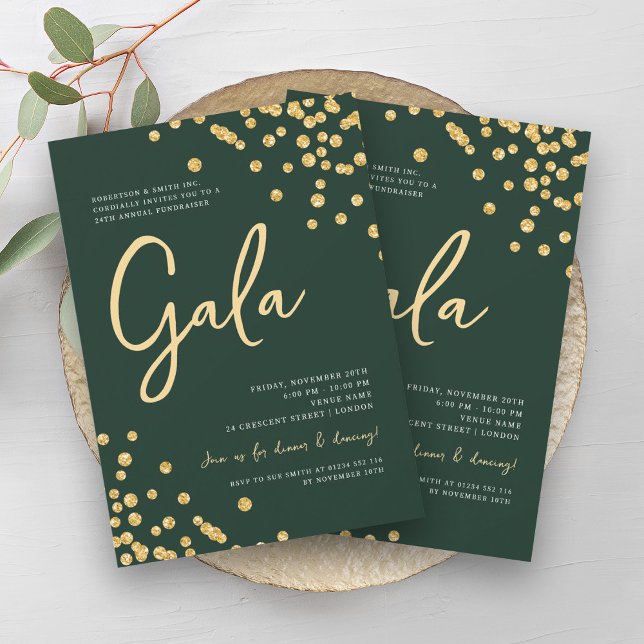 Invitación Gala Oficial Corporativa Gold Confetti Emerald (Formal Corporate Gala Gold Confetti Emerald Invitation)