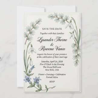 Invitación Galanthus, Genciana Azul, Agujas de Pino, Borde Mu
