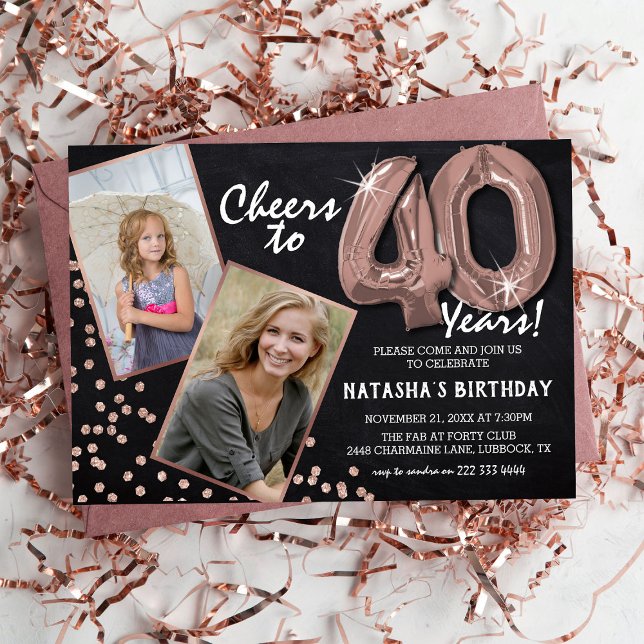 Invitación Galardonado RoseGold Balloons 2 Foto 40 cumpleaños (Subido por el creador)