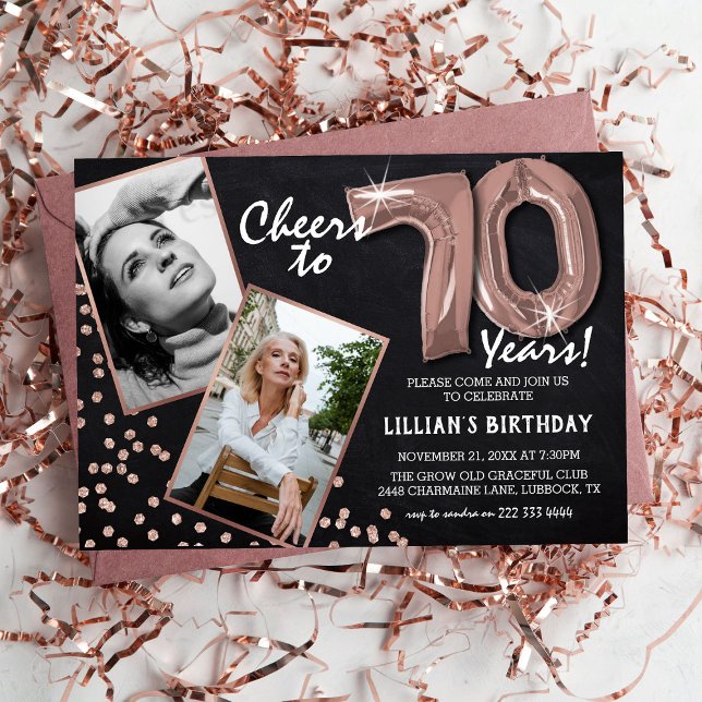 Invitación Galardonado RoseGold Balloons 2 Foto 70 cumpleaños (Subido por el creador)