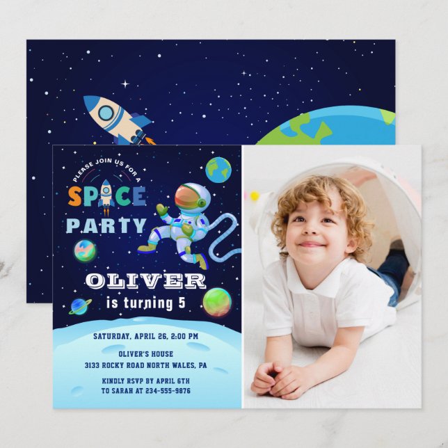 Invitación Galaxia Astronauta Azul foto de cumpleaños en el e (Anverso / Reverso)