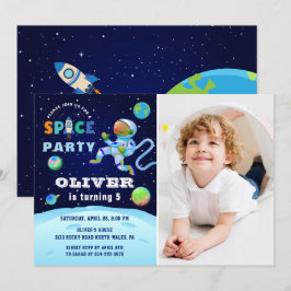 Invitación Galaxia Astronauta Azul foto de cumpleaños en el e