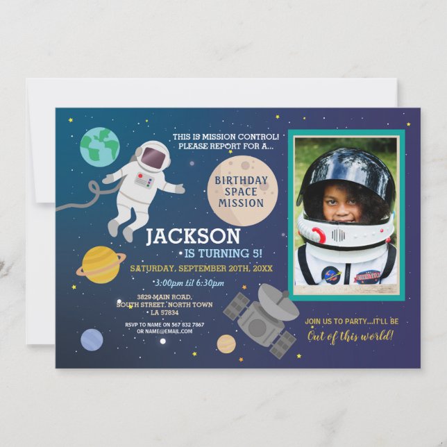 Invitación Galaxia astronauta espacio de fiesta de cumpleaños (Anverso)
