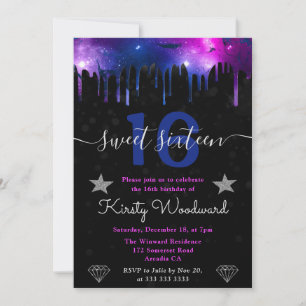Invitación Galaxia Azul y Púrpura Canica Dulces Dieciséis