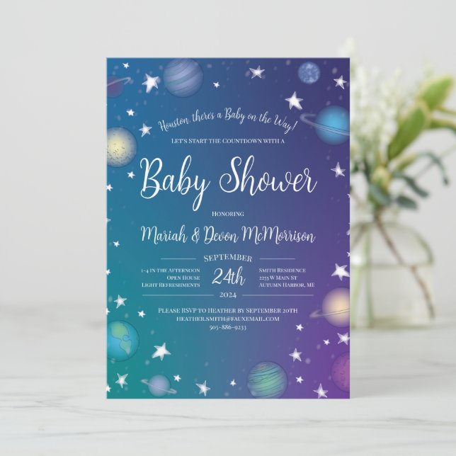 Invitación Galaxia Baby Shower del espacio ultraterrestre (Anverso de pie)