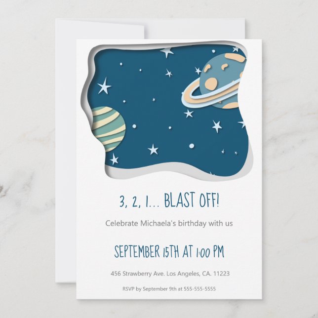 Invitación Galaxia Cuta con Planetas Primer Cumpleaños (Anverso)