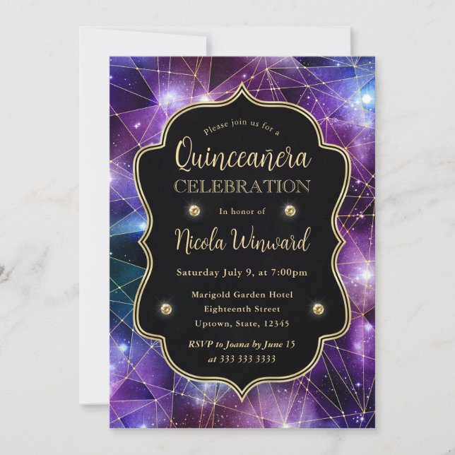 Invitación Galaxia de cristal morado y azul medianoche Quince (Anverso)