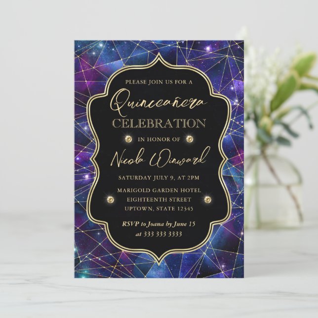 Invitación Galaxia de cristal morado y azul medianoche Quince (Anverso de pie)