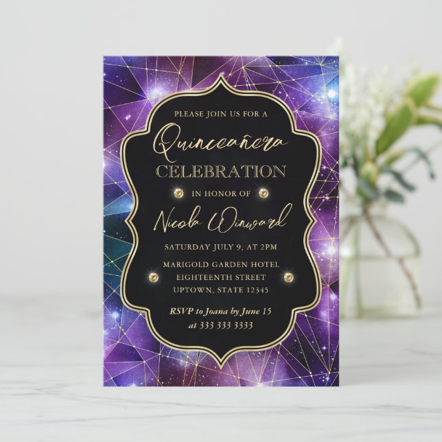Invitación Galaxia de cristal morado y azul medianoche Quince (Anverso de pie)