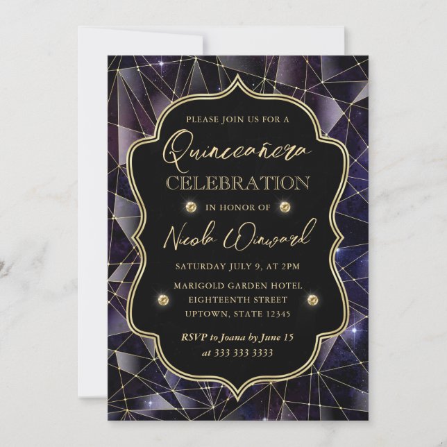 Invitación Galaxia de cristal negro y dorado Quinceanera (Anverso)