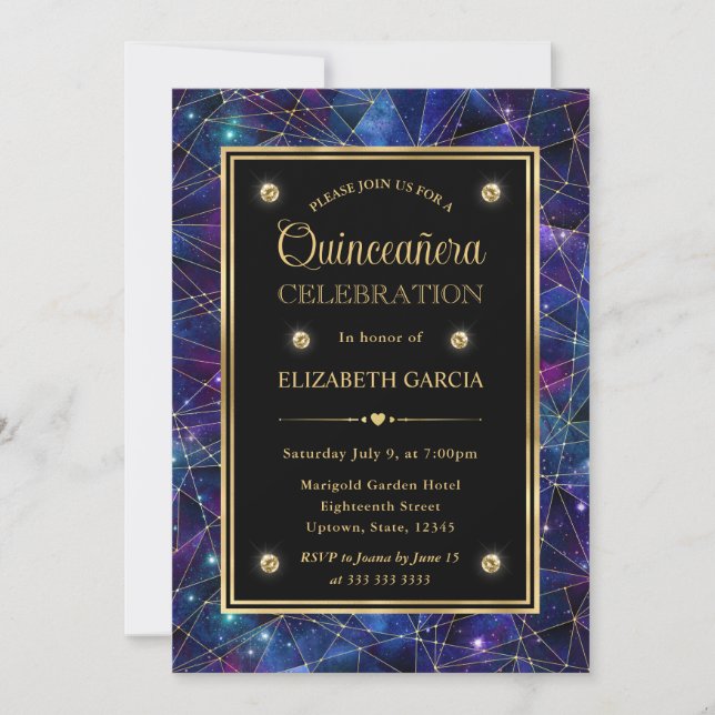 Invitación Galaxia de cristal púrpura y dorada de medianoche  (Anverso)