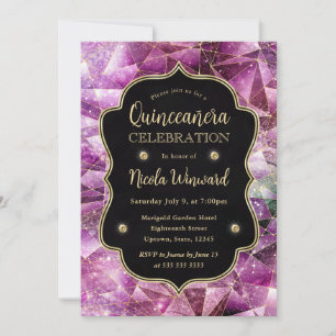 Invitación Galaxia de Cristal Rosa y Dorado Foto de Quinceañe