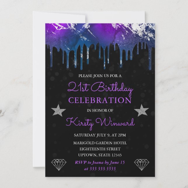 Invitación Galaxia de Mármol de Cumpleaños 21 Morado, Azul y  (Anverso)