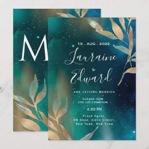 Invitación Galaxia de nebulosa verde esmeralda Relieve metali