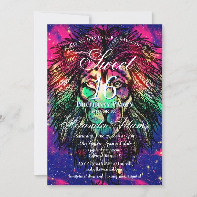 Invitación Galaxia Hipster del León Arcoiris (Anverso)