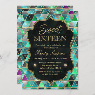 Invitación Galaxia isométrica de color agua y marco dorado du