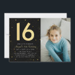 Invitación Galaxia moderna foto Black Gold 16th Birthday Part<br><div class="desc">Galaxia moderna foto Black and Gold Birthday Party Invitación</div>
