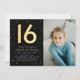 Invitación Galaxia moderna foto Black Gold 16th Birthday Part