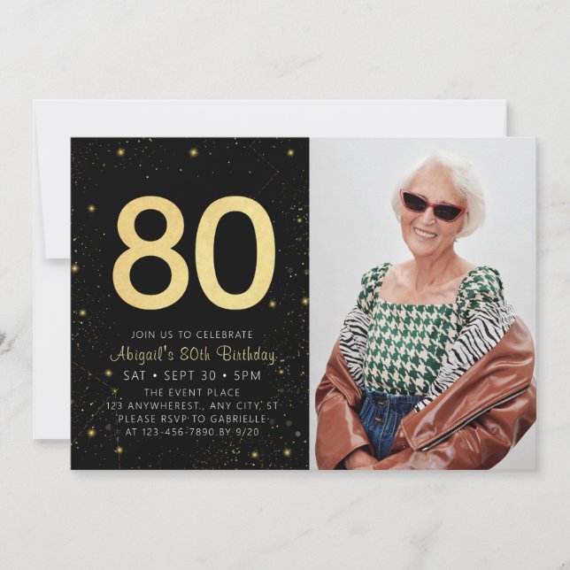 Invitación Galaxia moderna Foto Black Gold 80 cumpleaños (Anverso)